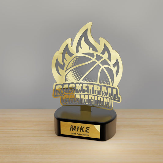 Custom Basketball Flame Trophy – Personalized Gold Award for Champions & Coaches